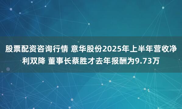 股票配资咨询行情 意华股份2025年上半年营收净利双降 董事长蔡胜才去年报酬为9.73万